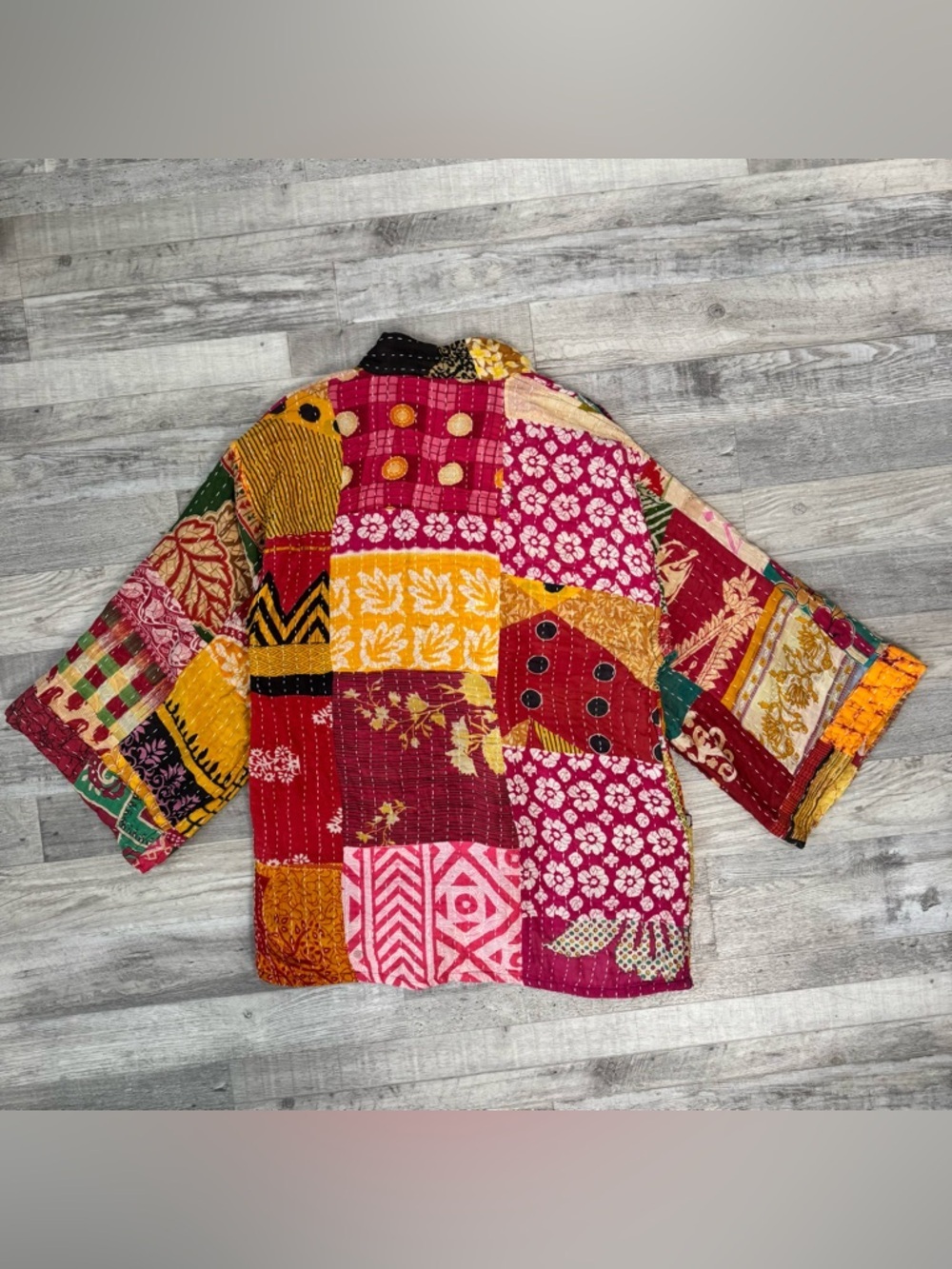 Sevya Kantha Patchwork Kimono Sleeve Handmade One Size Jacket Q21 - Picture 7 of 7